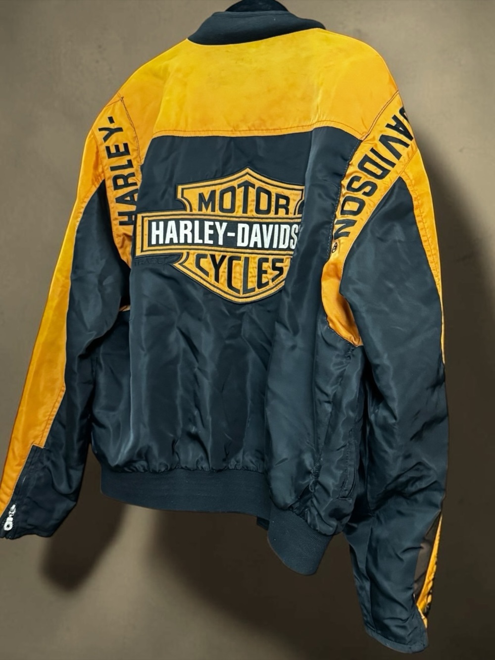 Vintage Harley-Davidson black & orange racing moto bomber jacket size Medium